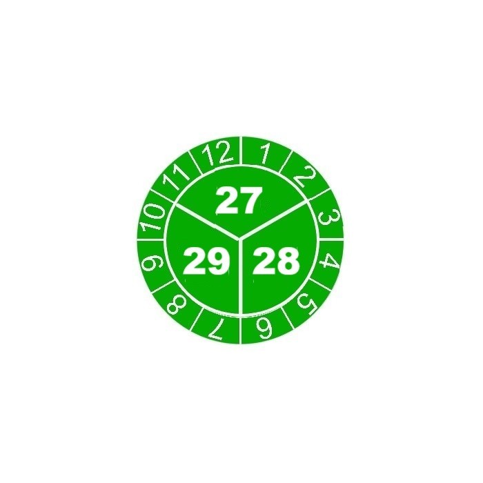 kopia Naklejki przeglądów TYP-3, Ø 10mm, trójdzielna na lata "27/28/29", zielone, 143szt.