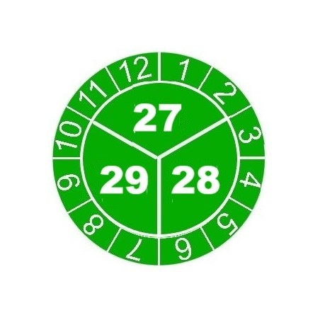 kopia Naklejki przeglądów TYP-3, Ø 10mm, trójdzielna na lata "27/28/29", zielone, 143szt.