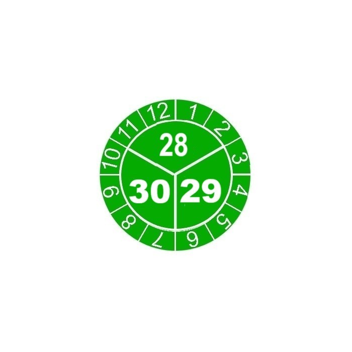 kopia kopia Naklejki przeglądów TYP-3, Ø 10mm, trójdzielna na lata "28/29/30", zielone, 143szt.