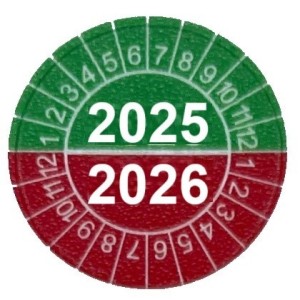 Naklejki przeglądów TYP-4, Ø 30mm, przegląd wykonano 2025, następny przegląd 2026" zielono-czerwone, arkusz 20szt.