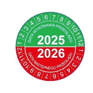 Naklejki przeglądów TYP-4, Ø 30mm, przegląd wykonano 2025, następny przegląd 2026" zielono-czerwone, arkusz 20szt.