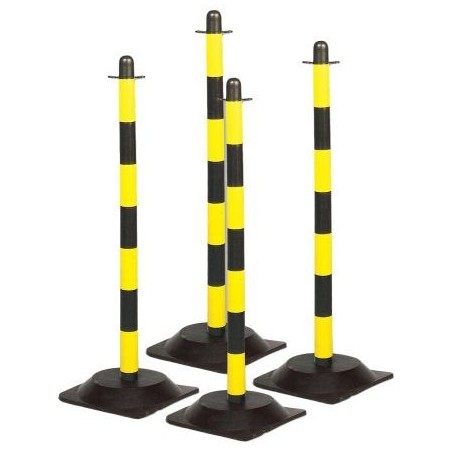 Słupek plastikowy żółto-czarny o wysokości 90cm, z kwadratową podstawą gumową