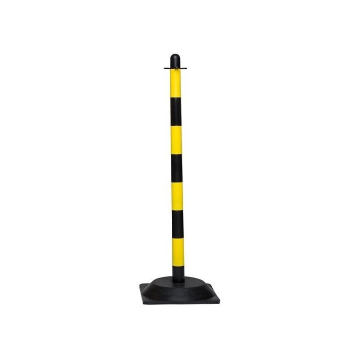 Słupek plastikowy żółto-czarny o wysokości 90cm, z kwadratową podstawą gumową