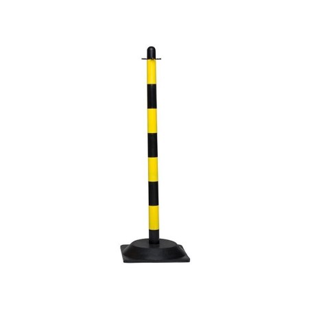 Słupek plastikowy żółto-czarny o wysokości 90cm, z kwadratową podstawą gumową