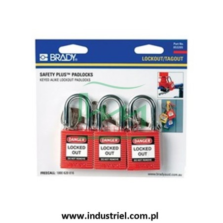 Kłódka lockout BRADY 051339, czerwona, ze stalowym kabłąkiem 38mm
