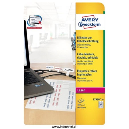 Etykiety do oznaczania kabli do drukarek laserowych, 60 x 40 mm Etykiety Avery L7950-20