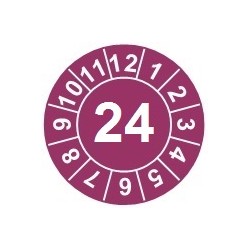 Naklejki przeglądów TYP-1, Ø 25mm, rok "24", kolor fioletowy, arkusz 20szt.
