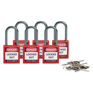 Kompaktowa kłódka lockout BRADY 814126, czerwona, z aluminiowym kabłąkiem 38mm