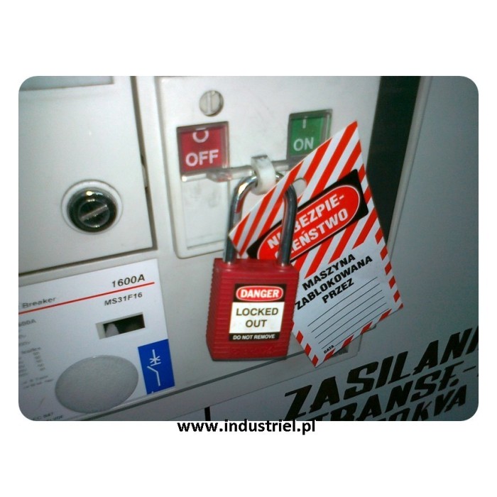 Przywieszka ostrzegawcza LOTO standardowa PL, biało-żółto-czarna, 75x160mm