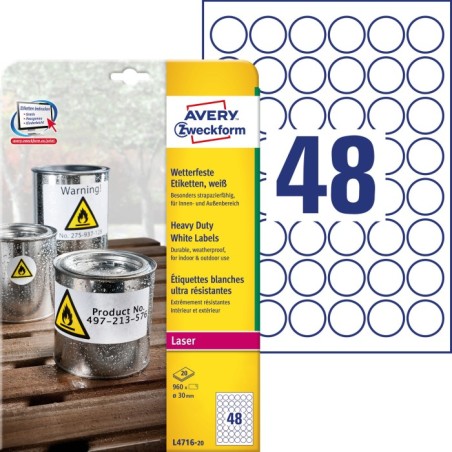 Avery L4716-20 Białe etykiety Heavy Duty do drukarek laserowych, Ø 30 mm