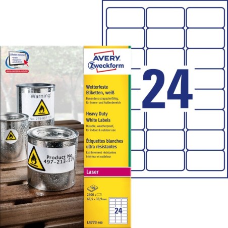 Etykiety Heavy Duty Avery Zweckform, A4, 100 ark./op., 63,5 x 33,9 mm, białe, poliestrowe