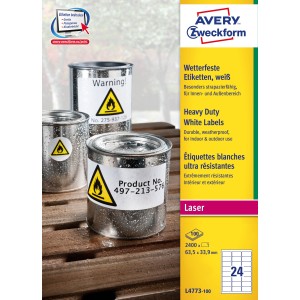 Etykiety Heavy Duty Avery Zweckform, A4, 100 ark./op., 63,5 x 33,9 mm, białe, poliestrowe