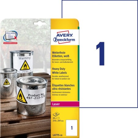 Etykiety poliestrowe Laser Avery Zweckform L4775-20 białe 210x297mm 20 etykiet
