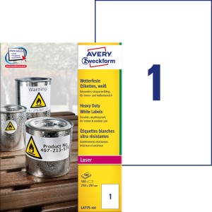 Etykiety Heavy Duty Avery Zweckform, A4, 100 ark./op., 210 x 297 mm, białe, poliestrowe