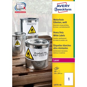 Etykiety Heavy Duty Avery Zweckform, A4, 100 ark./op., 210 x 297 mm, białe, poliestrowe
