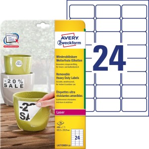 Usuwalne etykiety Heavy Duty Avery Zweckform, A4, 20 ark./op., 63,5 x 33,9 mm, białe, poliestrowe