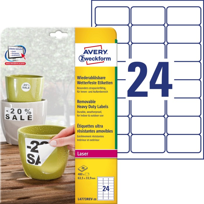 Usuwalne etykiety Heavy Duty Avery Zweckform, A4, 20 ark./op., 63,5 x 33,9 mm, białe, poliestrowe