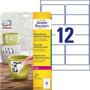 Usuwalne etykiety Heavy Duty Avery Zweckform, A4, 20 ark./op., 99,1 x 42,3 mm, białe, poliestrowe