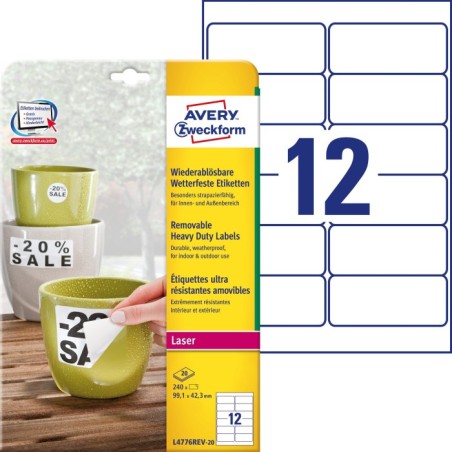 Usuwalne etykiety Heavy Duty Avery Zweckform, A4, 20 ark./op., 99,1 x 42,3 mm, białe, poliestrowe