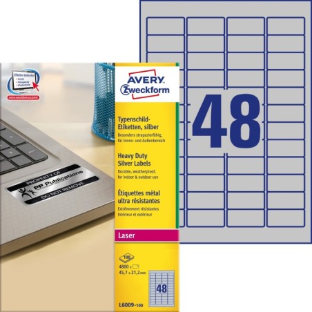 Etykiety znamionowe srebrne Avery Zweckform, A4, 100 ark./op., 45,7 x 21,2 mm, poliestrowe