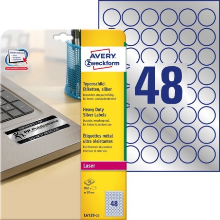 Srebrne etykiety foliowe heavy-duty, Ø 30 mm