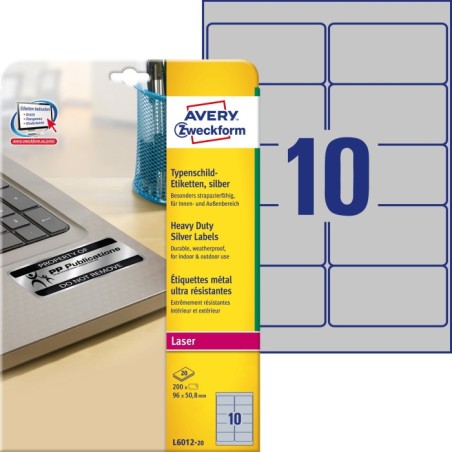 Etykiety znamionowe srebrne Avery L6012 - 20 rozmiar 96 x 50,8mm 