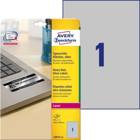 Etykiety tabliczki znamionowe srebrne Avery Zweckform L6013-20 roz. 210x297mm 20 etykiet