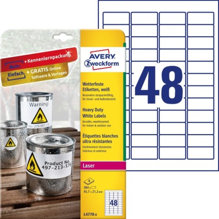 Etykiety Heavy Duty Avery Zweckform, A4, 8 ark./op., 45,7 x 21,2 mm, białe, poliestrowe