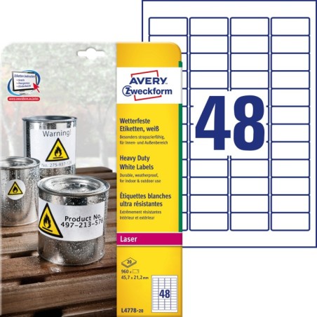 Etykiety Heavy Duty Avery Zweckform, A4, 20 ark./op., 45,7 x 21,2 mm, białe, poliestrowe