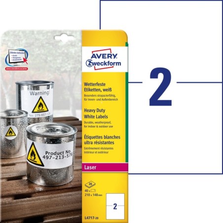 Etykiety Heavy Duty Avery Zweckform, A4, 20 ark./op., 210 x 148mm, białe, poliestrowe
