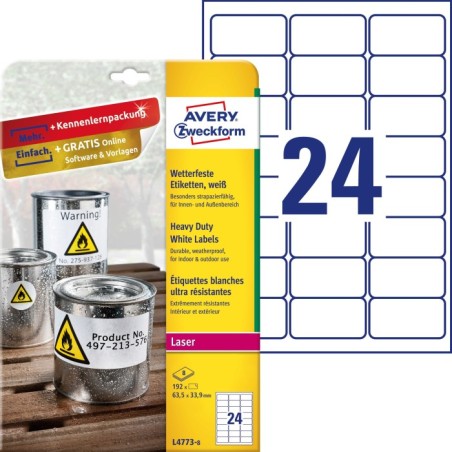 Etykiety Heavy Duty Avery Zweckform, A4, 8 ark./op., 63,5 x 33,9 mm, białe, poliestrowe