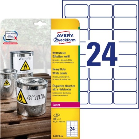 Etykiety Heavy Duty Avery Zweckform, A4, 20 ark./op., 63,5 x 33,9 mm, białe, poliestrowe