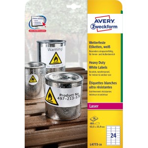 Etykiety Heavy Duty Avery Zweckform, A4, 20 ark./op., 63,5 x 33,9 mm, białe, poliestrowe