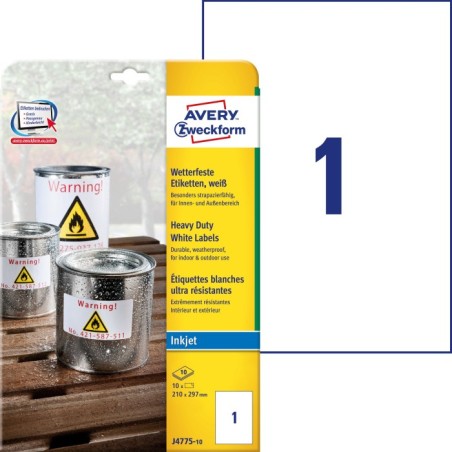Etykiety Heavy Duty Avery Zweckform, A4, 10 ark./op., 210 x 297 mm, białe, poliestrowe
