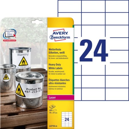 Etykiety Heavy Duty Avery Zweckform, A4, 20 ark./op., 70 x 37 mm, białe, poliestrowe
