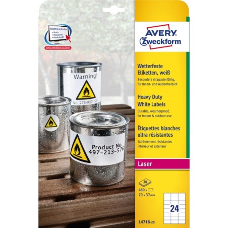 Etykiety Heavy Duty Avery Zweckform, A4, 20 ark./op., 70 x 37 mm, białe, poliestrowe