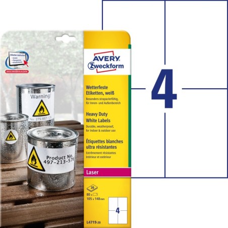 Etykiety Heavy Duty Avery Zweckform, A4, 20 ark./op., 105 x 148 mm, białe, poliestrowe