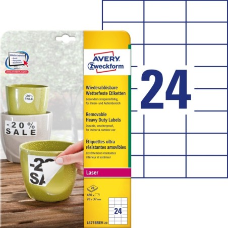 Usuwalne etykiety Heavy Duty Avery Zweckform, A4, 20 ark./op., 70 x 37 mm, białe, poliestrowe