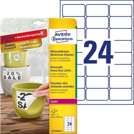 Usuwalne etykiety Heavy Duty Avery Zweckform, A4, 8 ark./op., 63,5 x 33,9 mm, białe, poliestrowe