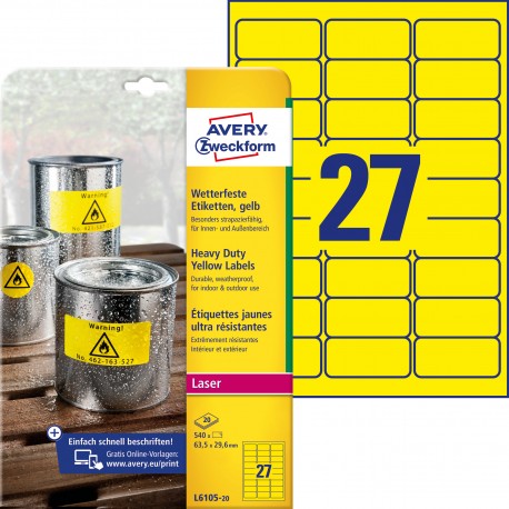 Etykiety Heavy Duty Avery Zweckform, A4, 20 ark./op., 63,5 x 29,6 mm, żółte, poliestrowe