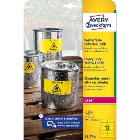 Etykiety Heavy Duty Avery Zweckform, A4, 20 ark./op., 99,1 x 42,3 mm, żółte, poliestrowe