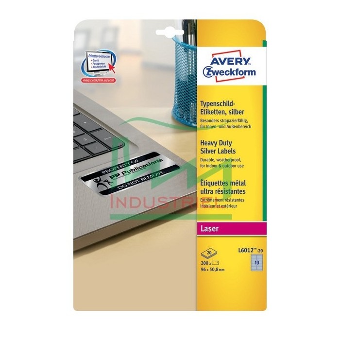 Etykiety znamionowe srebrne Avery L6012 - 20 rozmiar 96 x 50,8mm 
