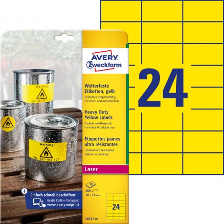 Etykiety Heavy Duty Avery Zweckform, A4, 20 ark./op., 70 x 37 mm, żółte, poliestrowe
