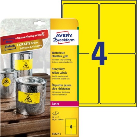 Etykiety Heavy Duty Avery Zweckform, A4, 8 ark./op., 99,1 x 139 mm, żółte, poliestrowe