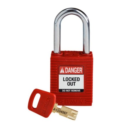 Kłódka BRADY, SafeKey, czerwona, ze stalowym kabłąkiem 38mm, różne klucze