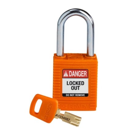 Kłódka BRADY, SafeKey, czerwona, ze stalowym kabłąkiem 38mm, różne klucze