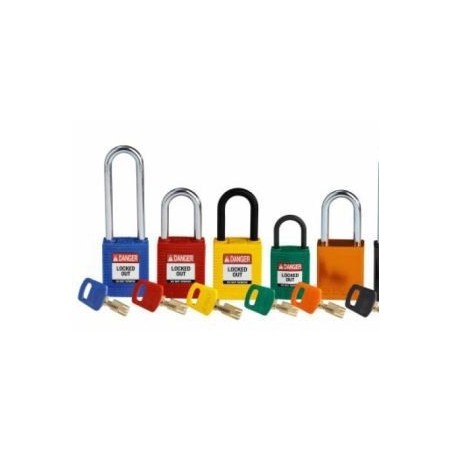 Kłódka BRADY, SafeKey, czerwona, ze stalowym kabłąkiem 38mm, różne klucze