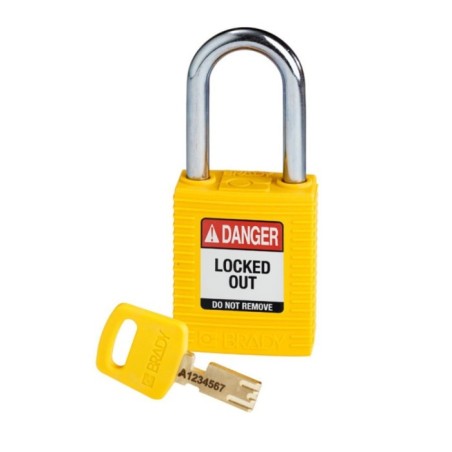 Kłódka BRADY, SafeKey, czerwona, ze stalowym kabłąkiem 38mm, różne klucze