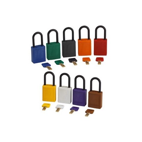 Kłódka BRADY, SafeKey, czerwona, ze stalowym kabłąkiem 38mm, różne klucze