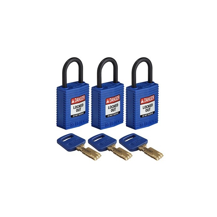 Kłódka BRADY, SafeKey, czerwona, ze stalowym kabłąkiem 38mm, różne klucze